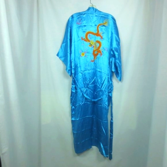 Golden Dragon Robe Sky Blue Satin Embroidered Dragon Silky Flowy Kimono Size M - Picture 3 of 11